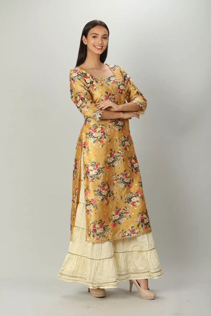 YELLOW FLORAL PRINTED A-LINE ENSEMBLE KURTI