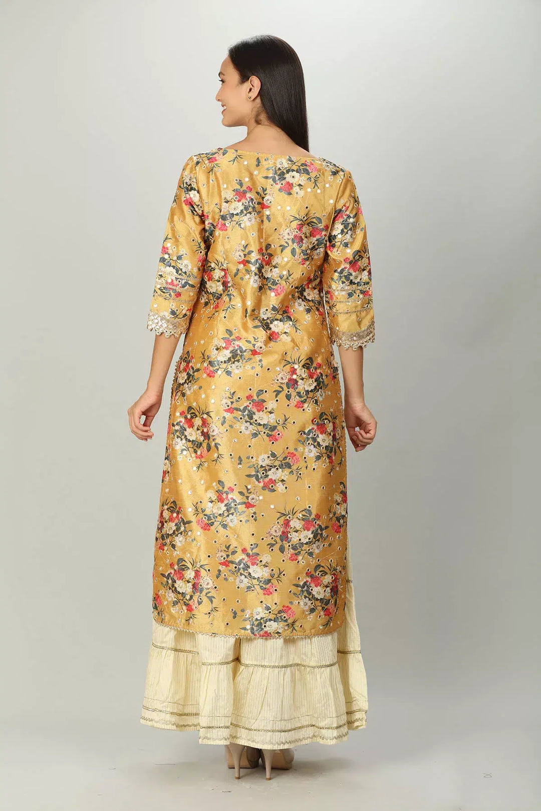 YELLOW FLORAL PRINTED A-LINE ENSEMBLE KURTI