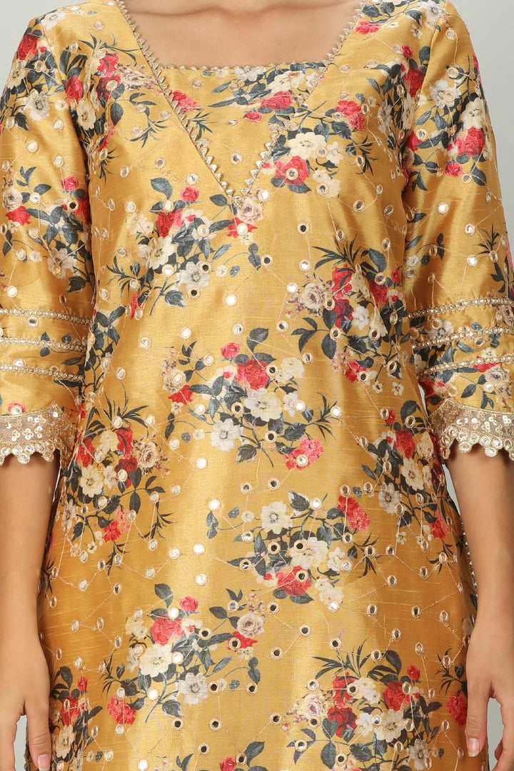 YELLOW FLORAL PRINTED A-LINE ENSEMBLE KURTI