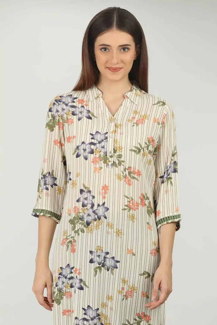 White Printed Kurti With Collared Neck