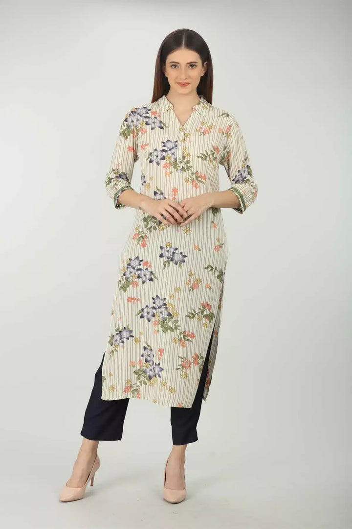 White Printed Kurti With Collared Neck