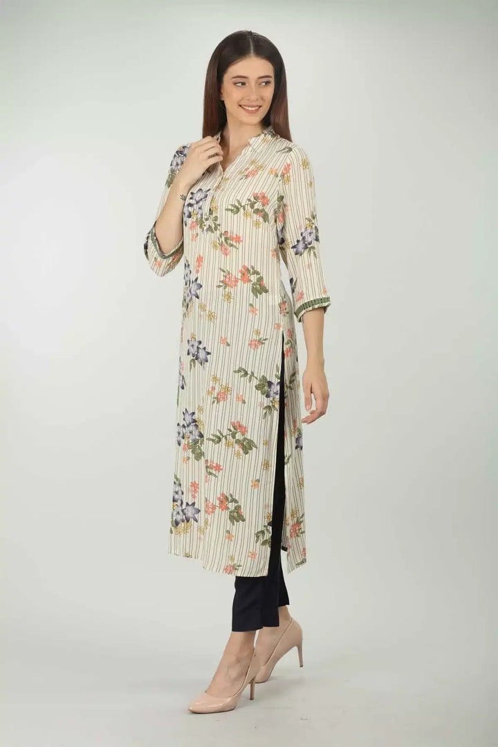 White Printed Kurti With Collared Neck