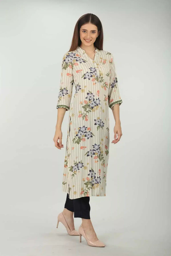 White Printed Kurti With Collared Neck