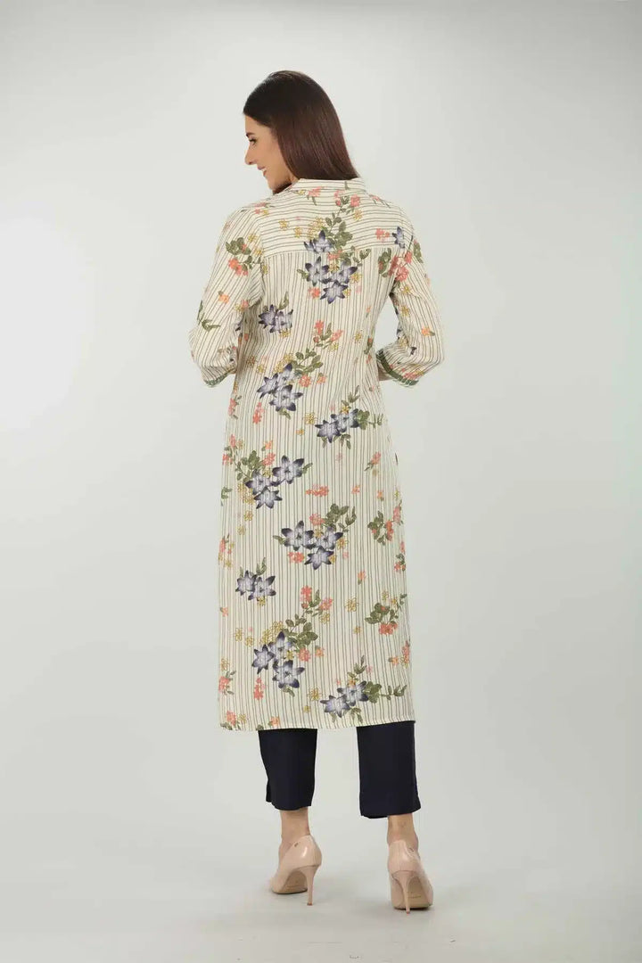 White Printed Kurti With Collared Neck