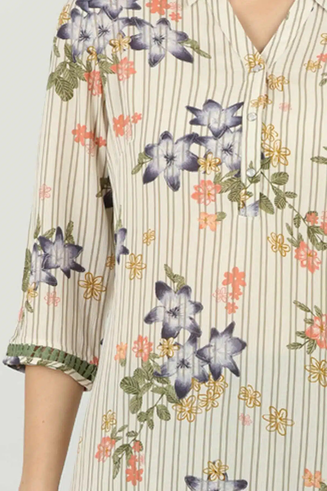 White Printed Kurti With Collared Neck
