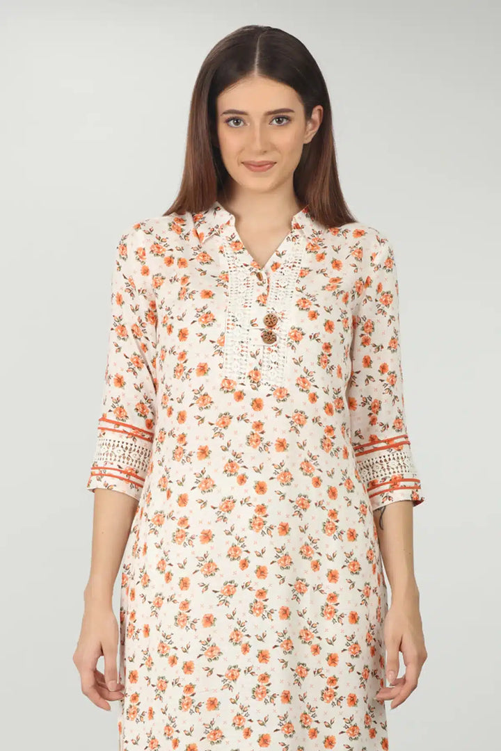 White Floral Print Kurti