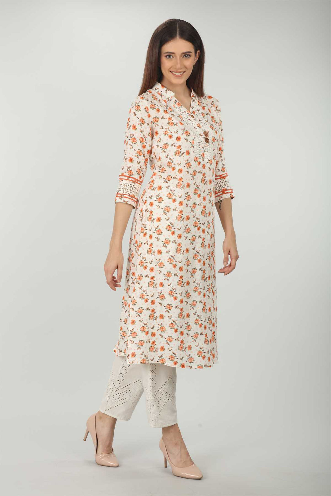 White Floral Print Kurti