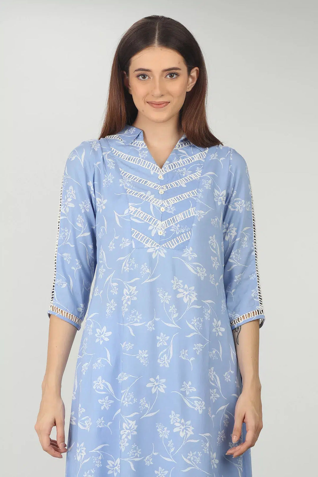 SKY BLUE A-LINE COLLARED KURTI