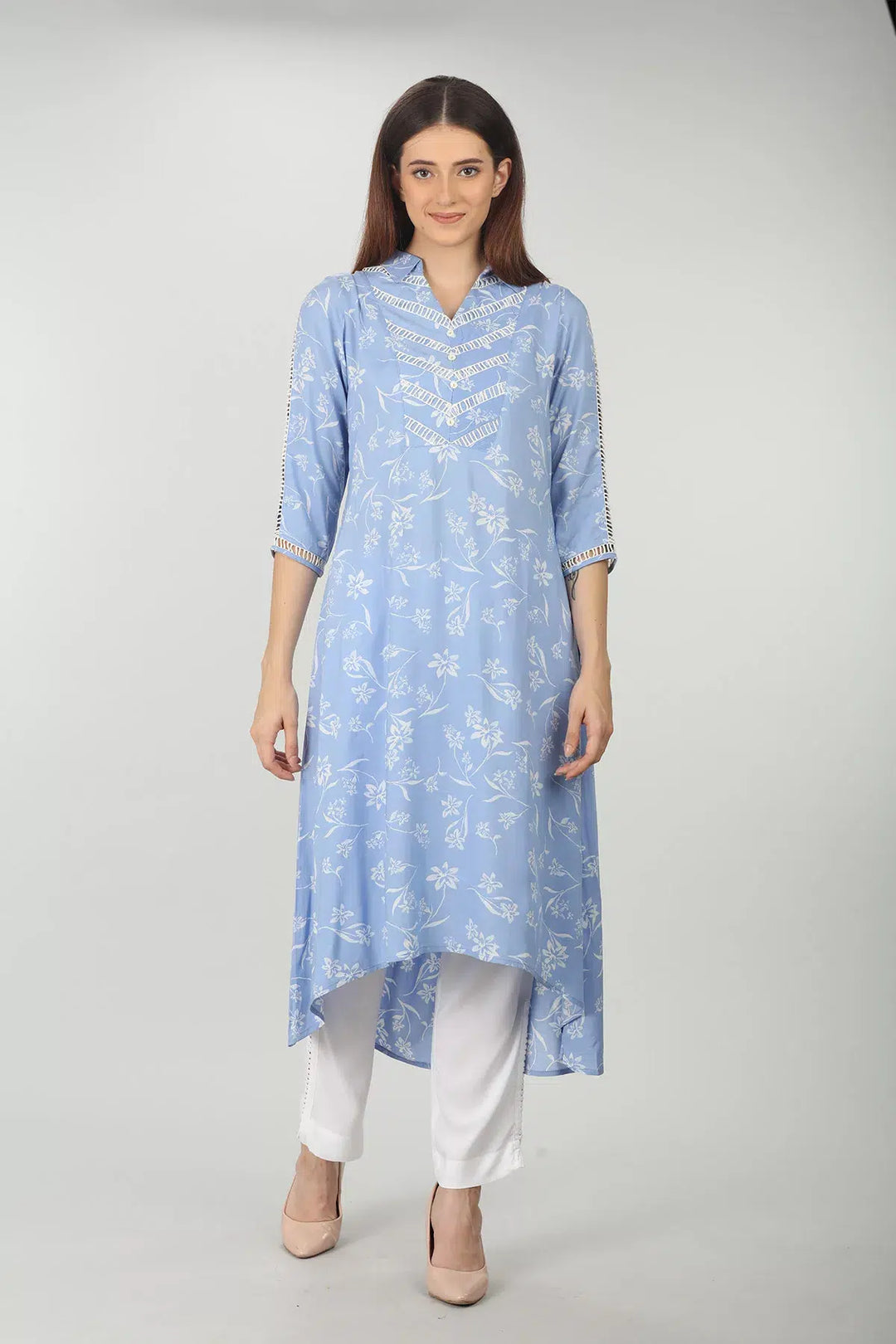 SKY BLUE A-LINE COLLARED KURTI