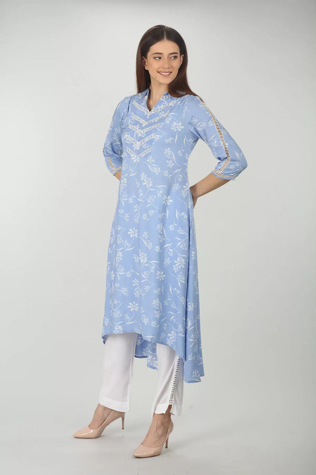 SKY BLUE A-LINE COLLARED KURTI