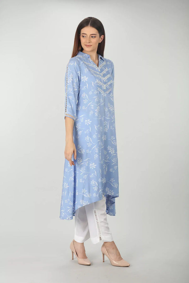 SKY BLUE A-LINE COLLARED KURTI