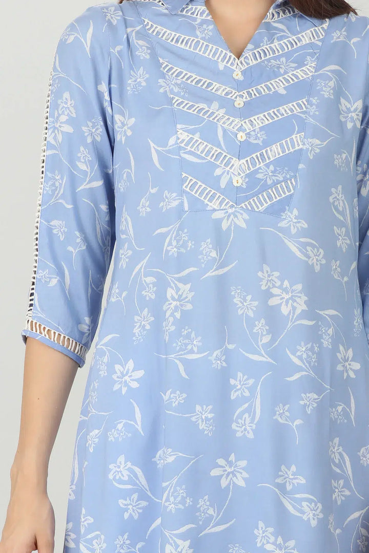 SKY BLUE A-LINE COLLARED KURTI