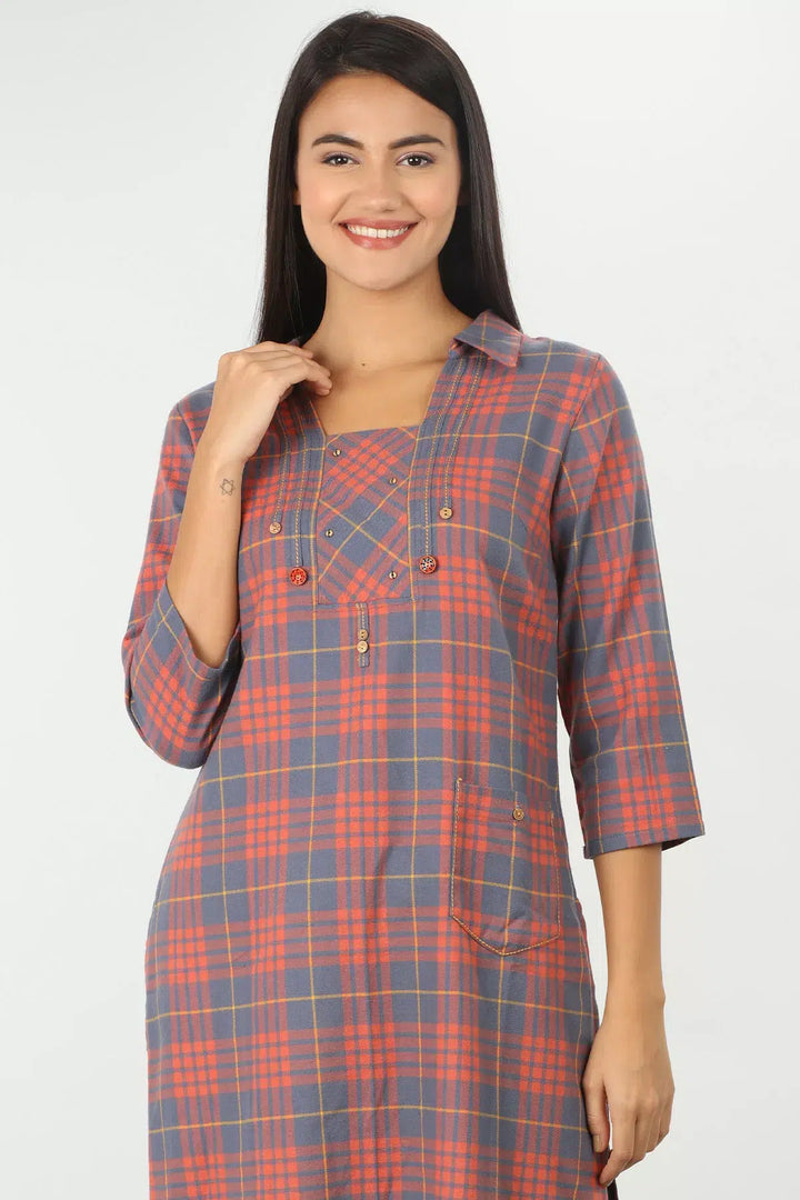 Peach Check kurti with Collared Neck