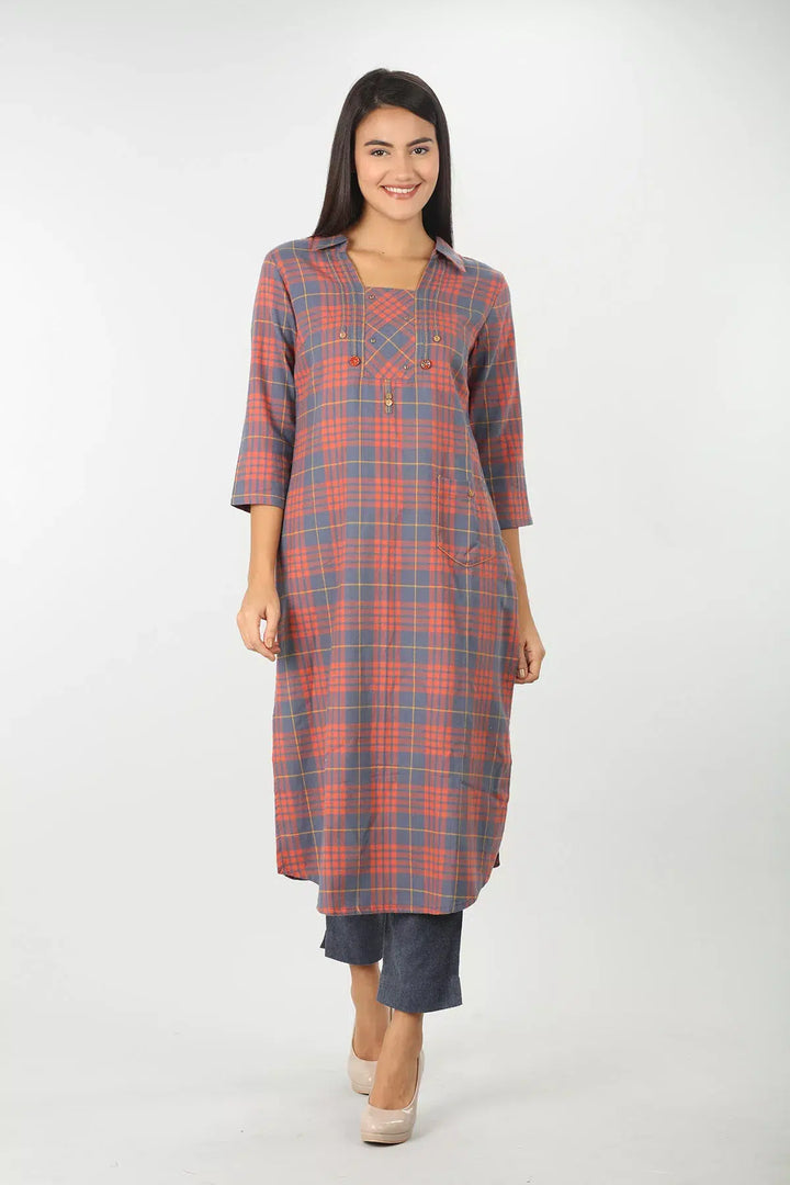Peach Check kurti with Collared Neck