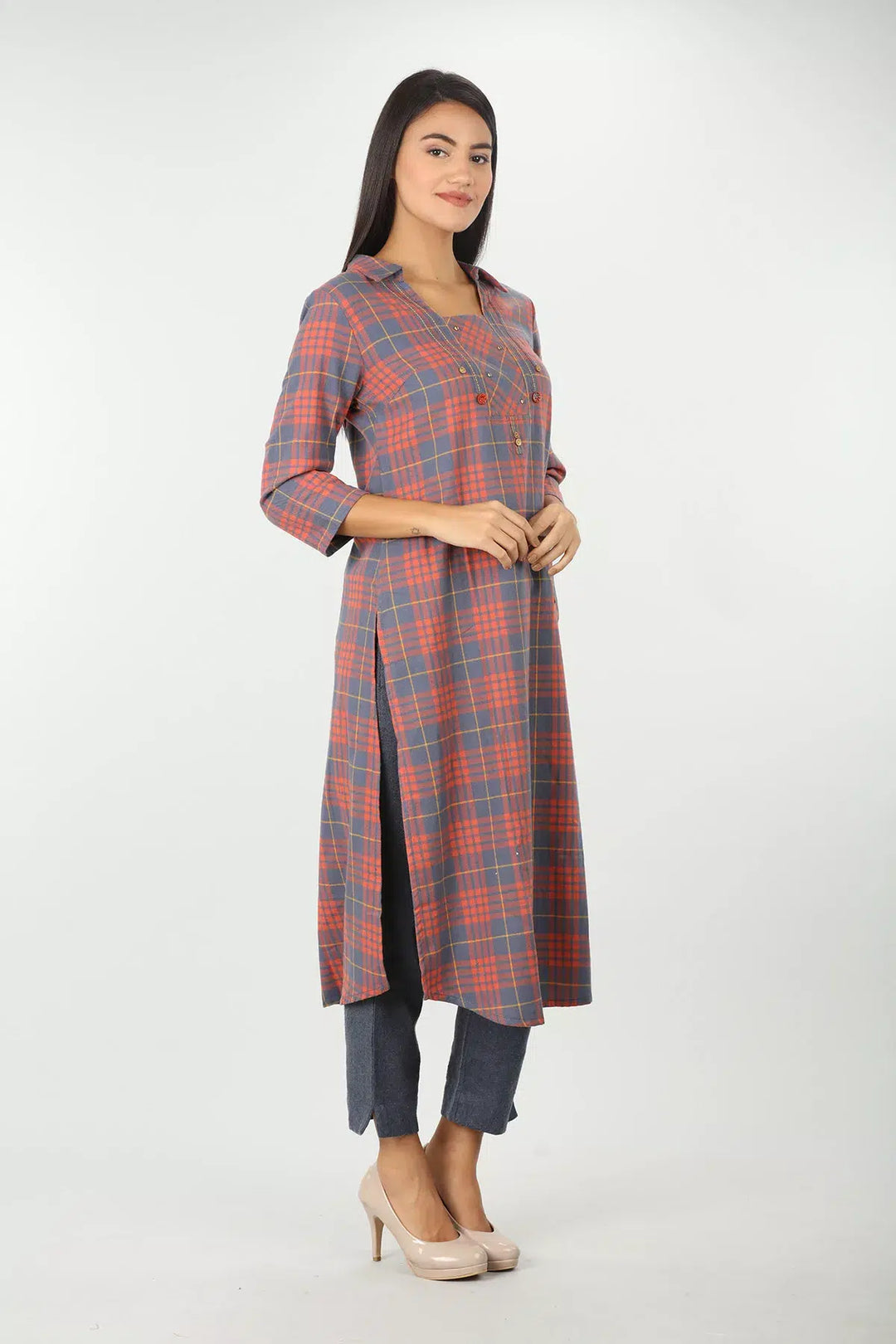 Peach Check kurti with Collared Neck