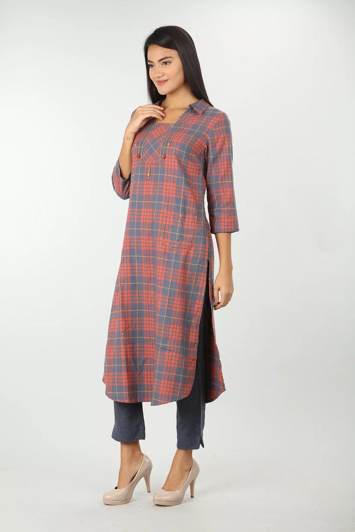 Peach Check kurti with Collared Neck