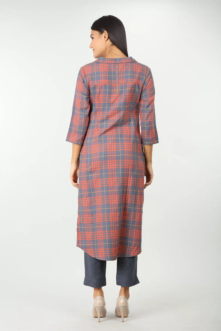 Peach Check kurti with Collared Neck