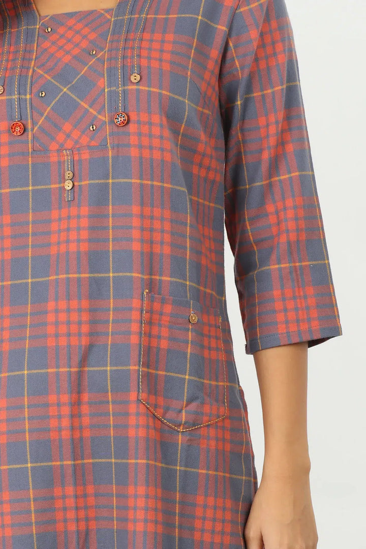 Peach Check kurti with Collared Neck