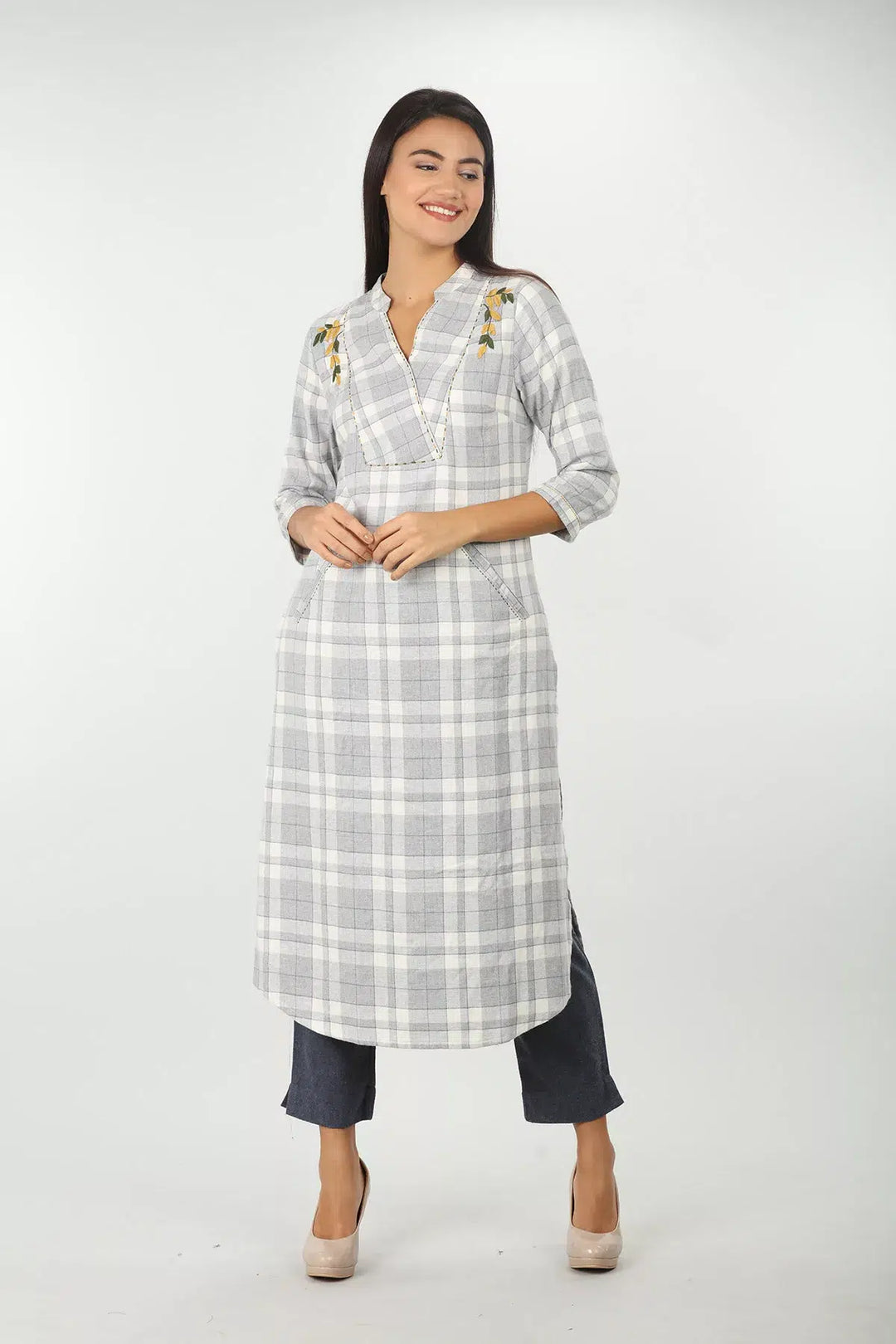 Check &amp;amp; Embroidery Kurti (Grey)