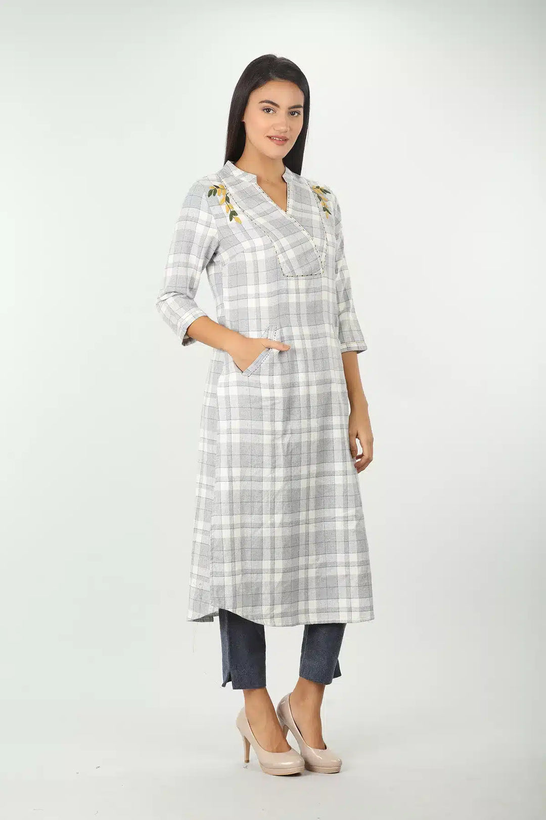 Check &amp;amp; Embroidery Kurti (Grey)