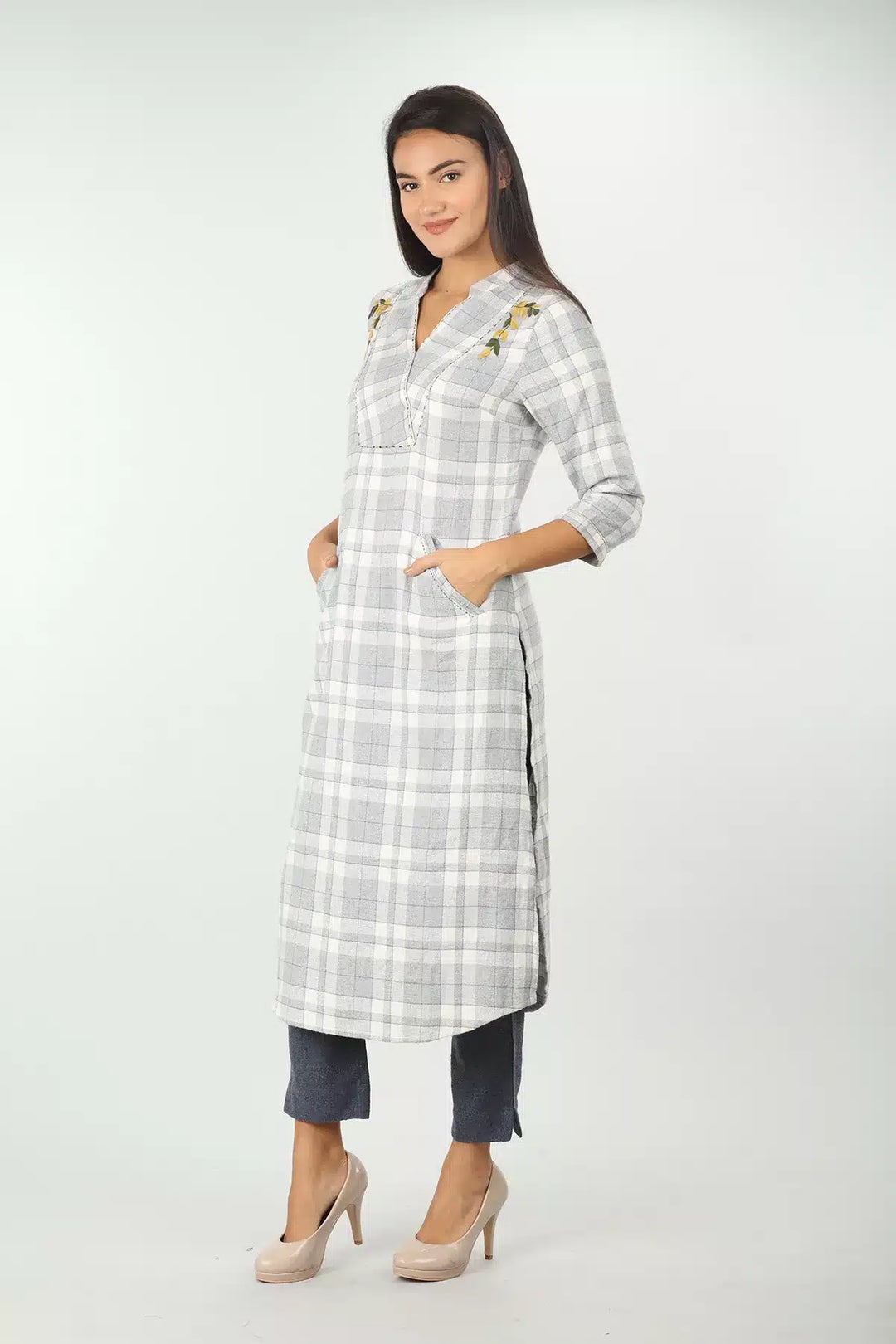Check &amp;amp; Embroidery Kurti (Grey)