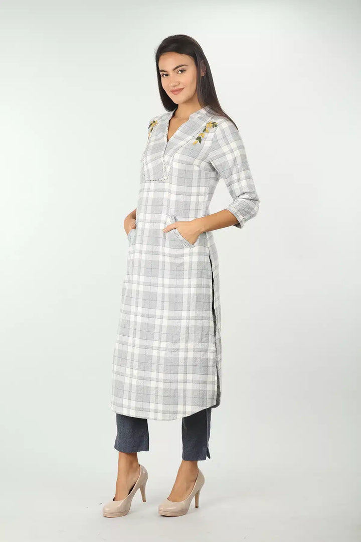 Check &amp;amp; Embroidery Kurti (Grey)