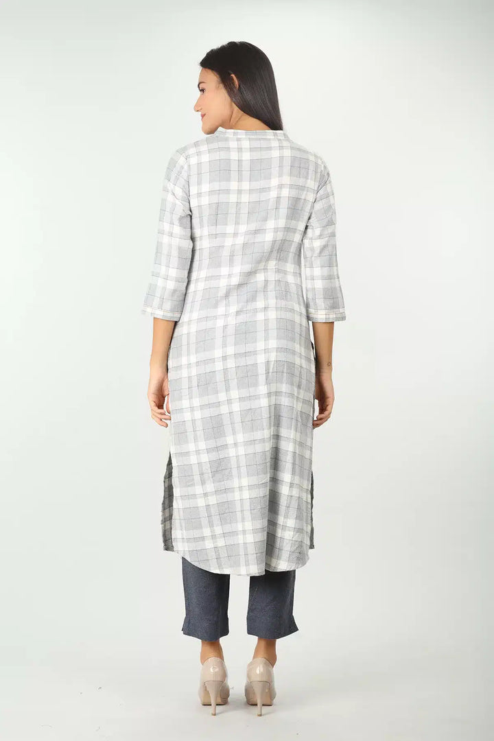 Check &amp;amp; Embroidery Kurti (Grey)