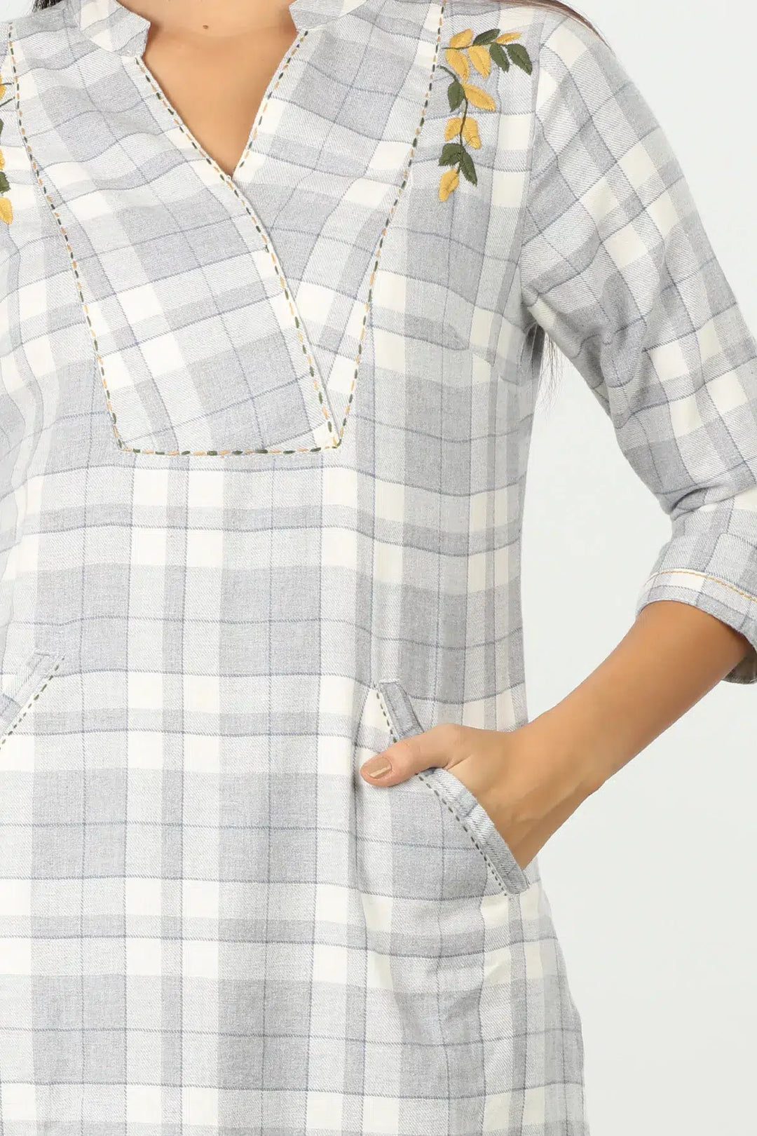 Check &amp;amp; Embroidery Kurti (Grey)