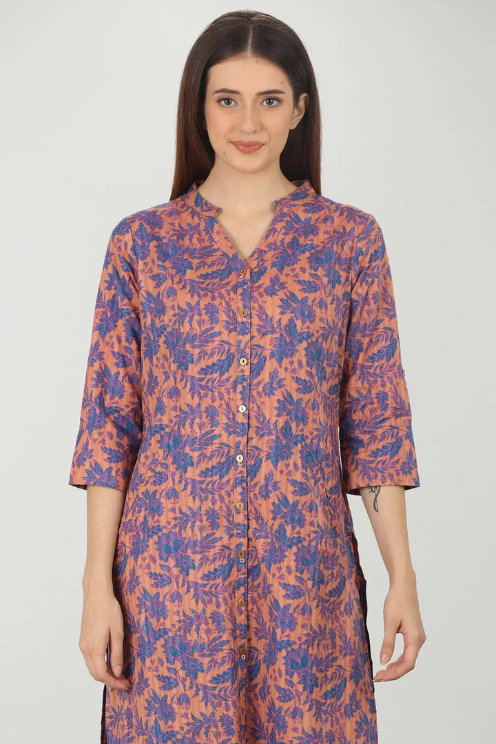 PEACH AND BLUE FLORAL PRINTED STRAIGHT KURTI
