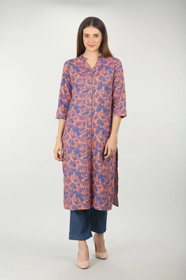 PEACH AND BLUE FLORAL PRINTED STRAIGHT KURTI