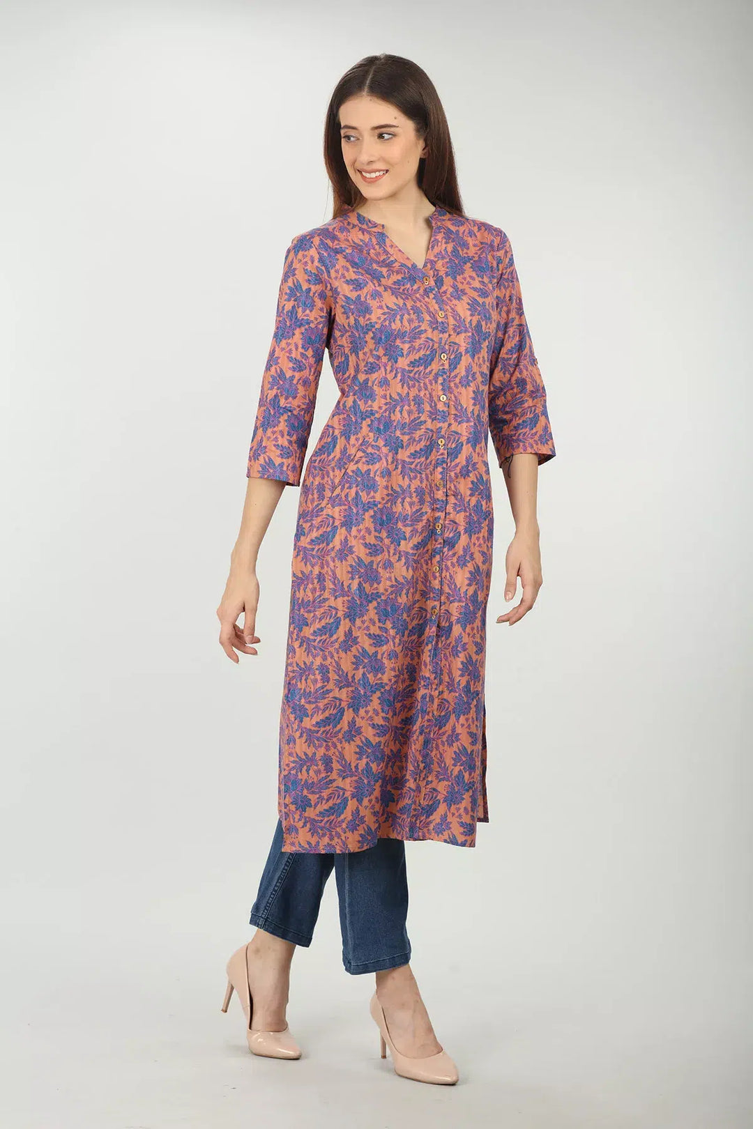 PEACH AND BLUE FLORAL PRINTED STRAIGHT KURTI