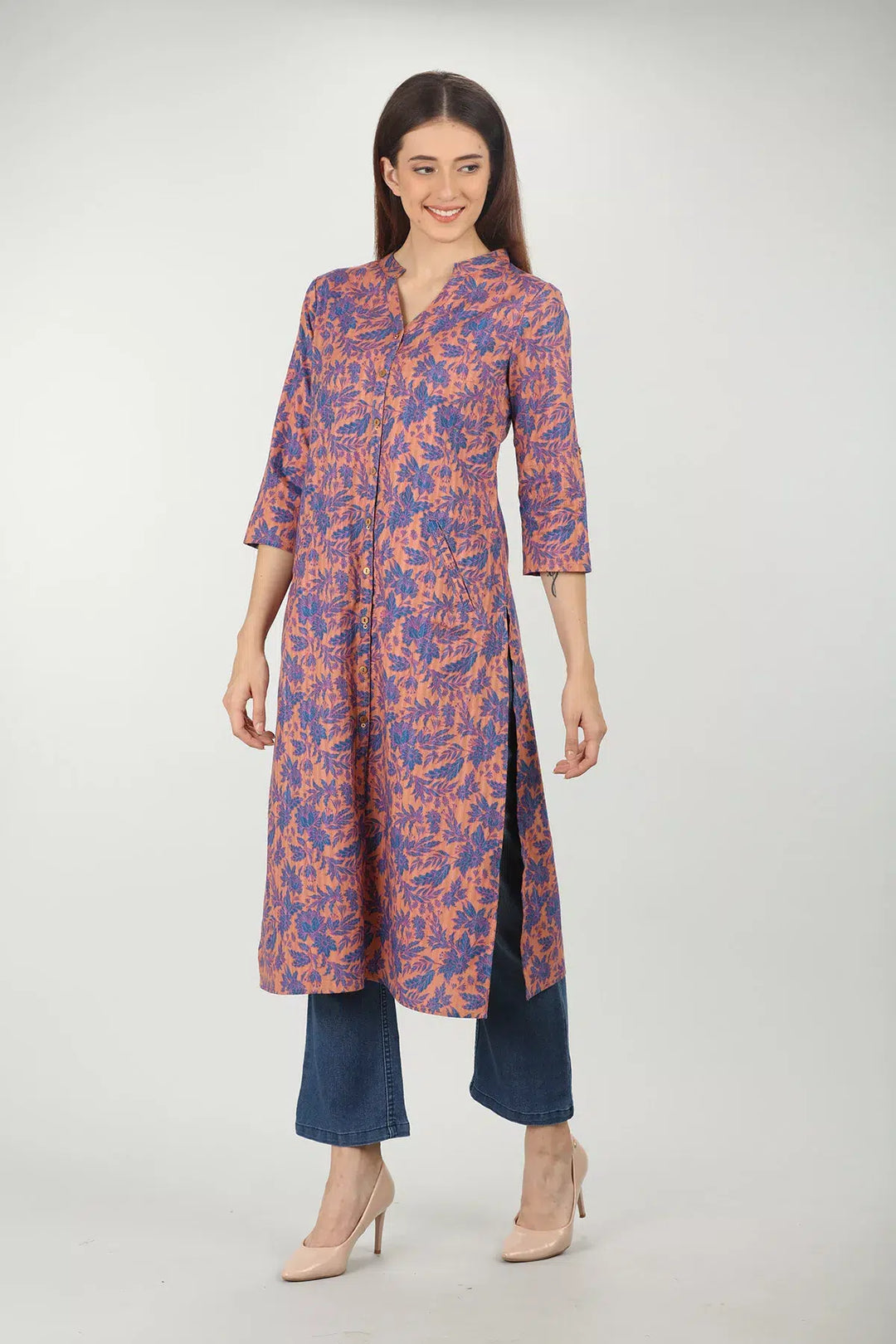 PEACH AND BLUE FLORAL PRINTED STRAIGHT KURTI