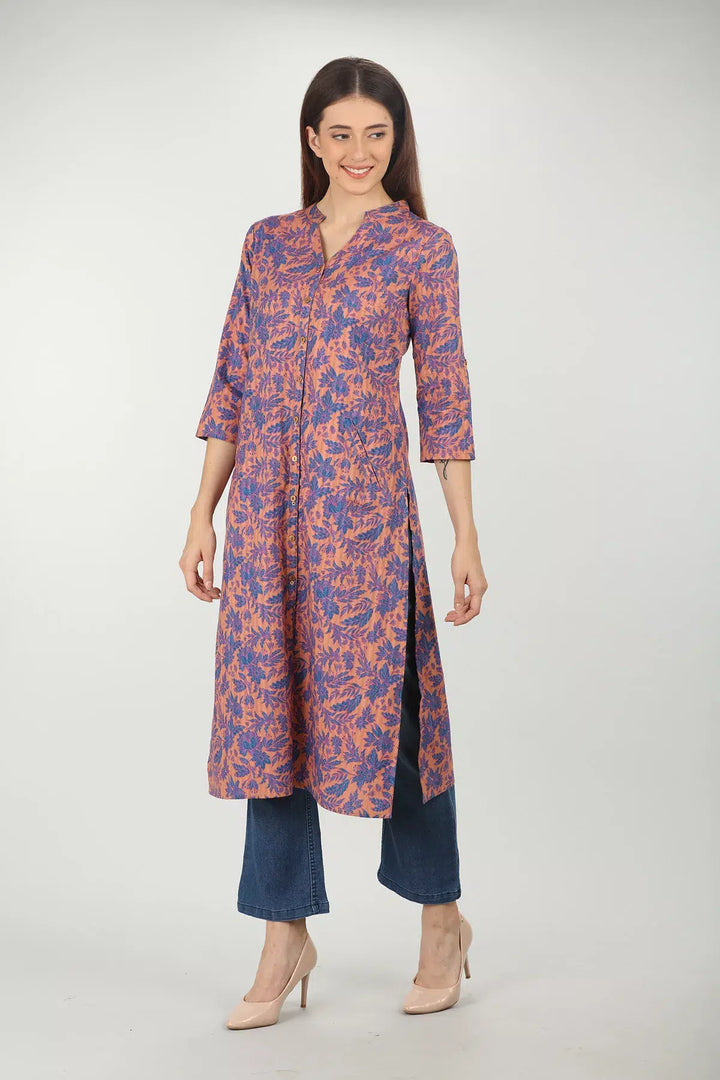 PEACH AND BLUE FLORAL PRINTED STRAIGHT KURTI