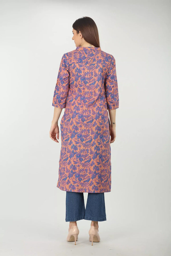 PEACH AND BLUE FLORAL PRINTED STRAIGHT KURTI