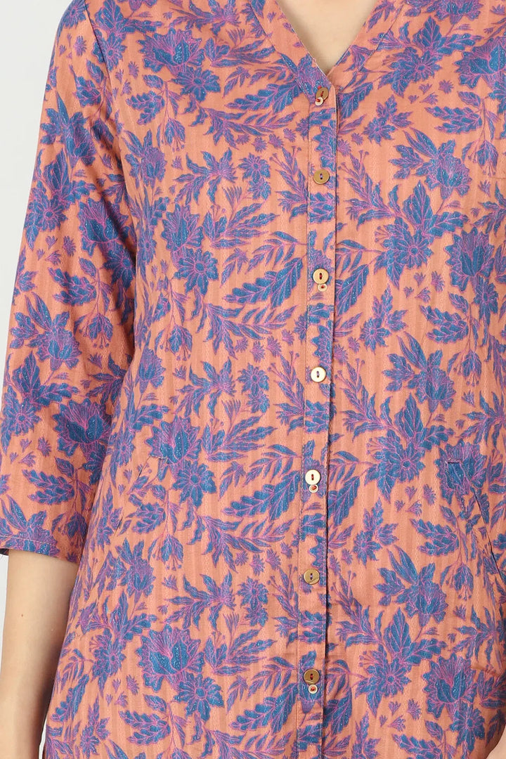 PEACH AND BLUE FLORAL PRINTED STRAIGHT KURTI
