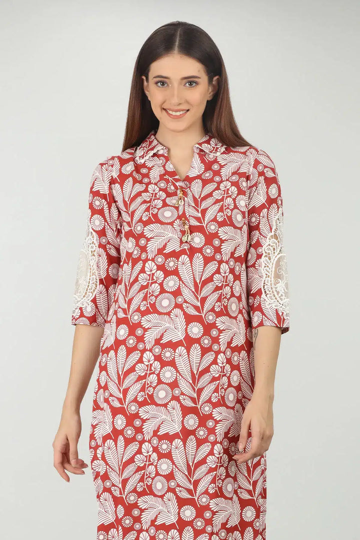 Collared Printed Brick Red Kurti