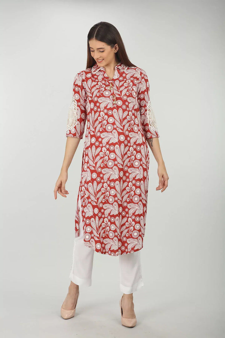 Collared Printed Brick Red Kurti