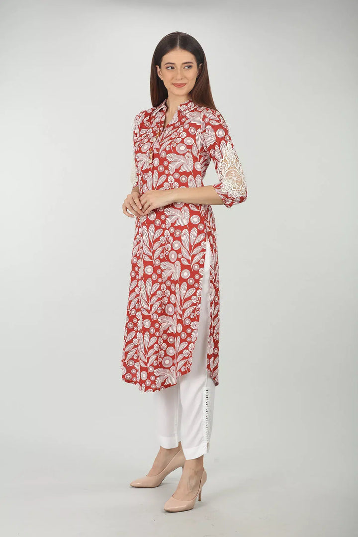 Collared Printed Brick Red Kurti
