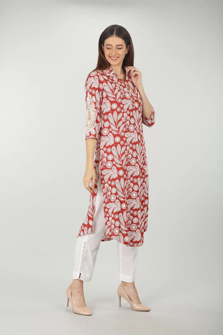 Collared Printed Brick Red Kurti