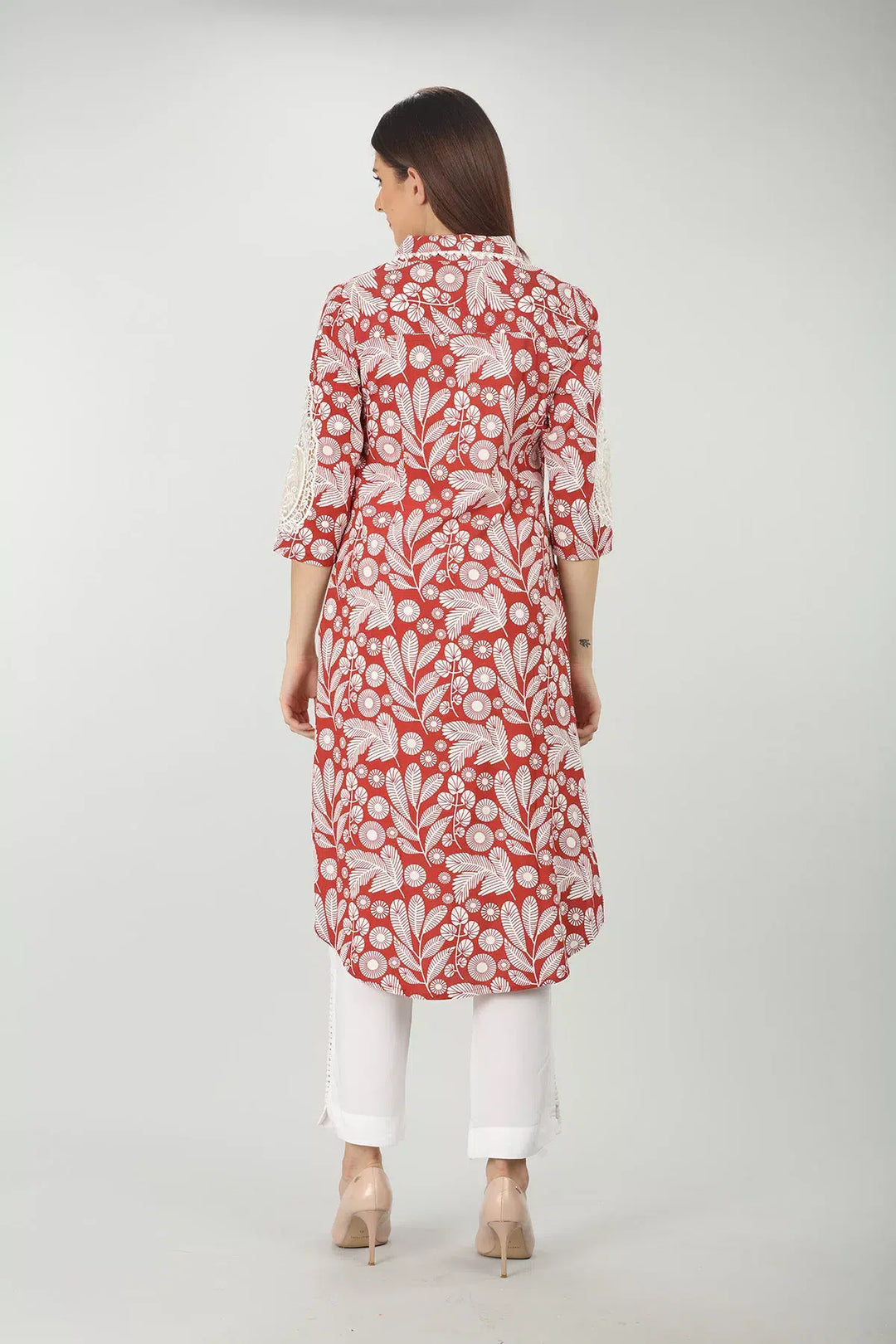 Collared Printed Brick Red Kurti