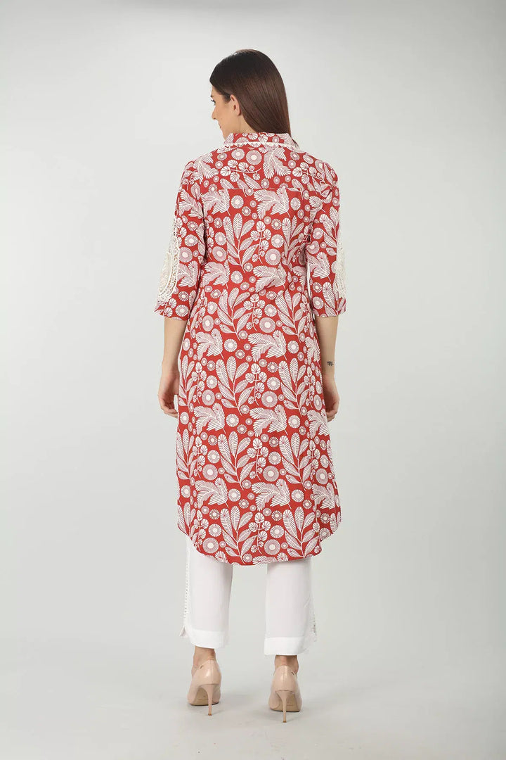 Collared Printed Brick Red Kurti