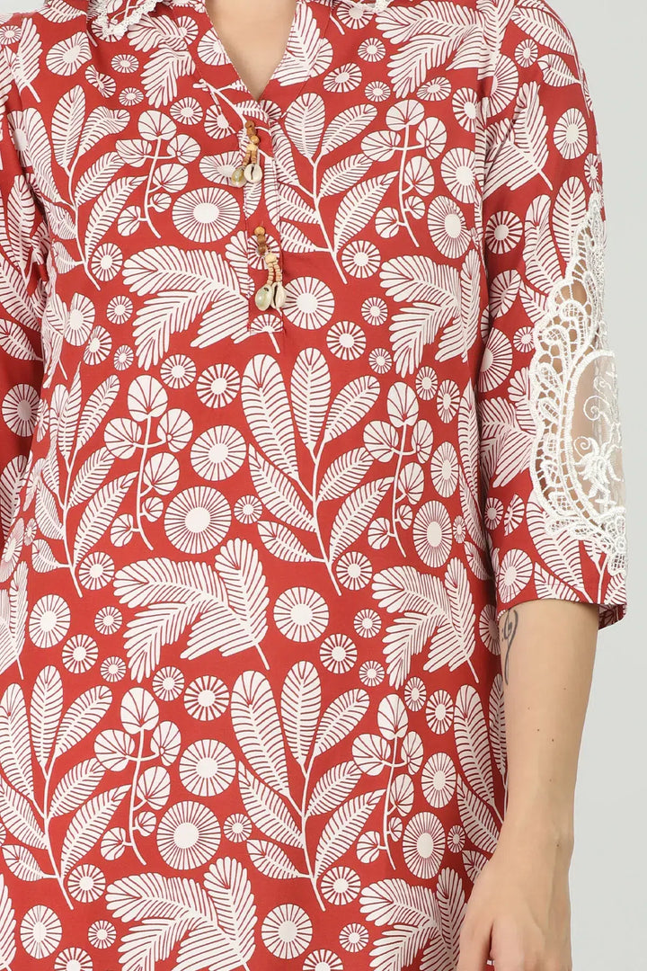 Collared Printed Brick Red Kurti