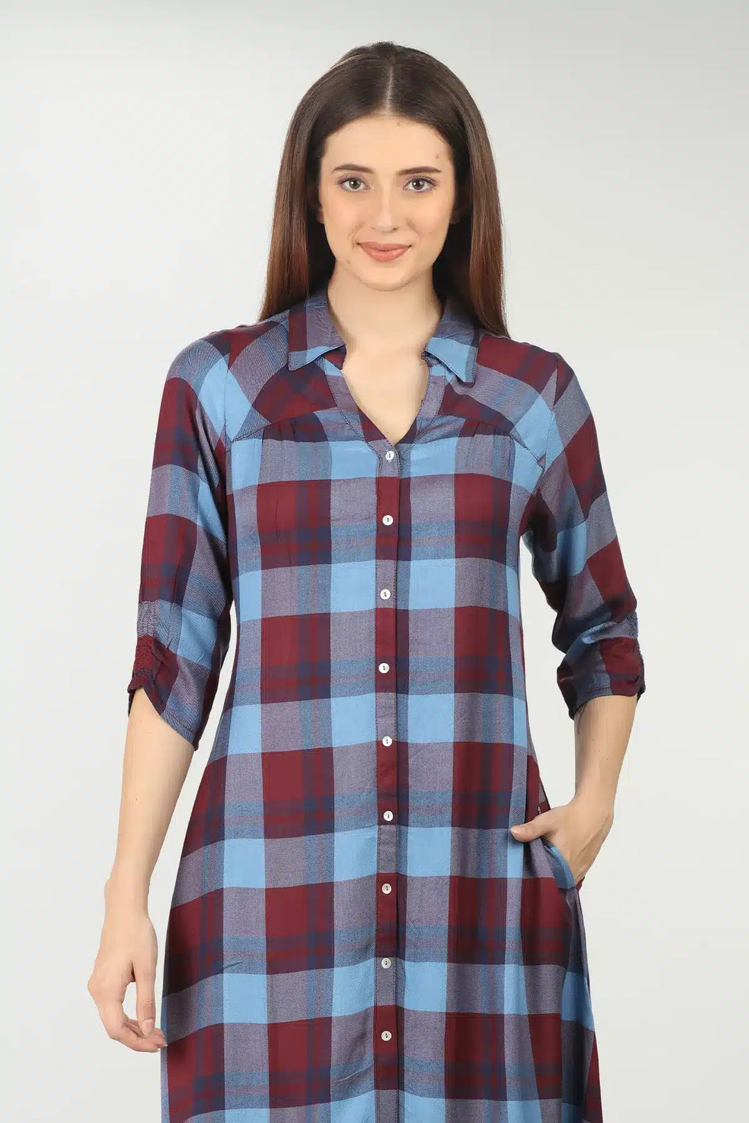 Blue check rayon straight cut kurti