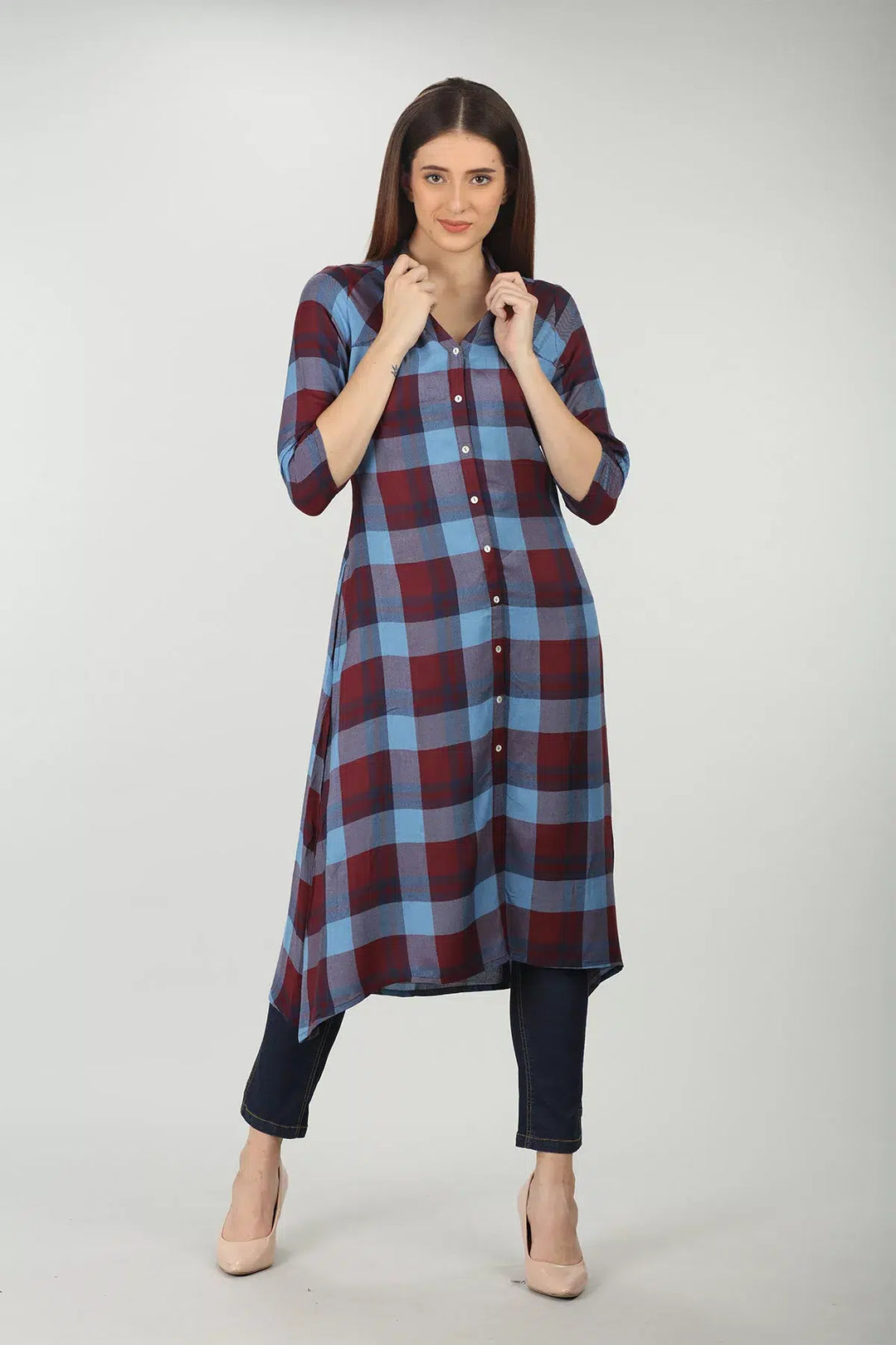 Blue check rayon straight cut kurti