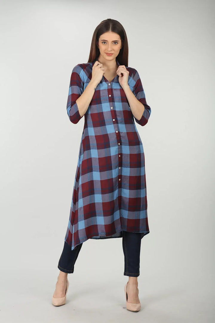 Blue check rayon straight cut kurti