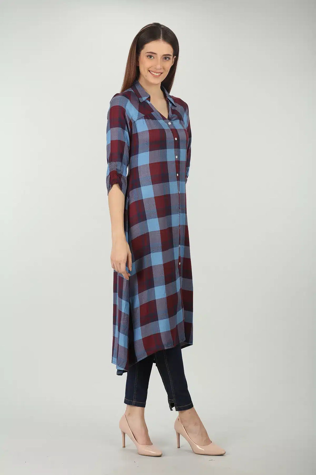 Blue check rayon straight cut kurti