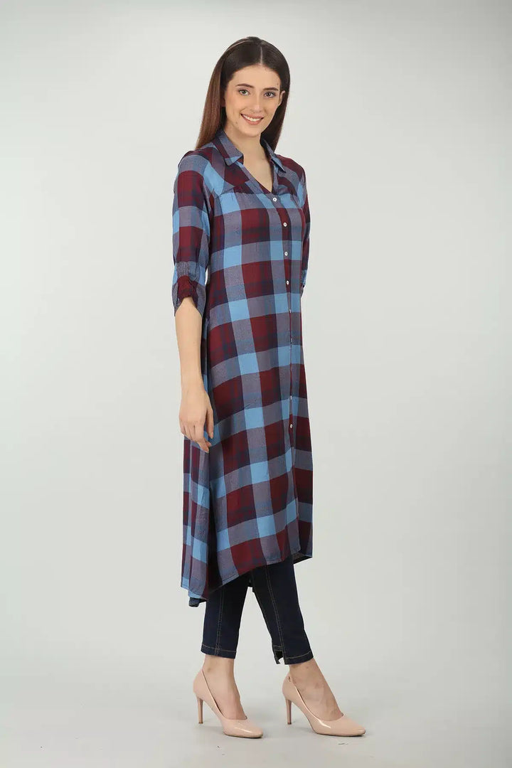 Blue check rayon straight cut kurti