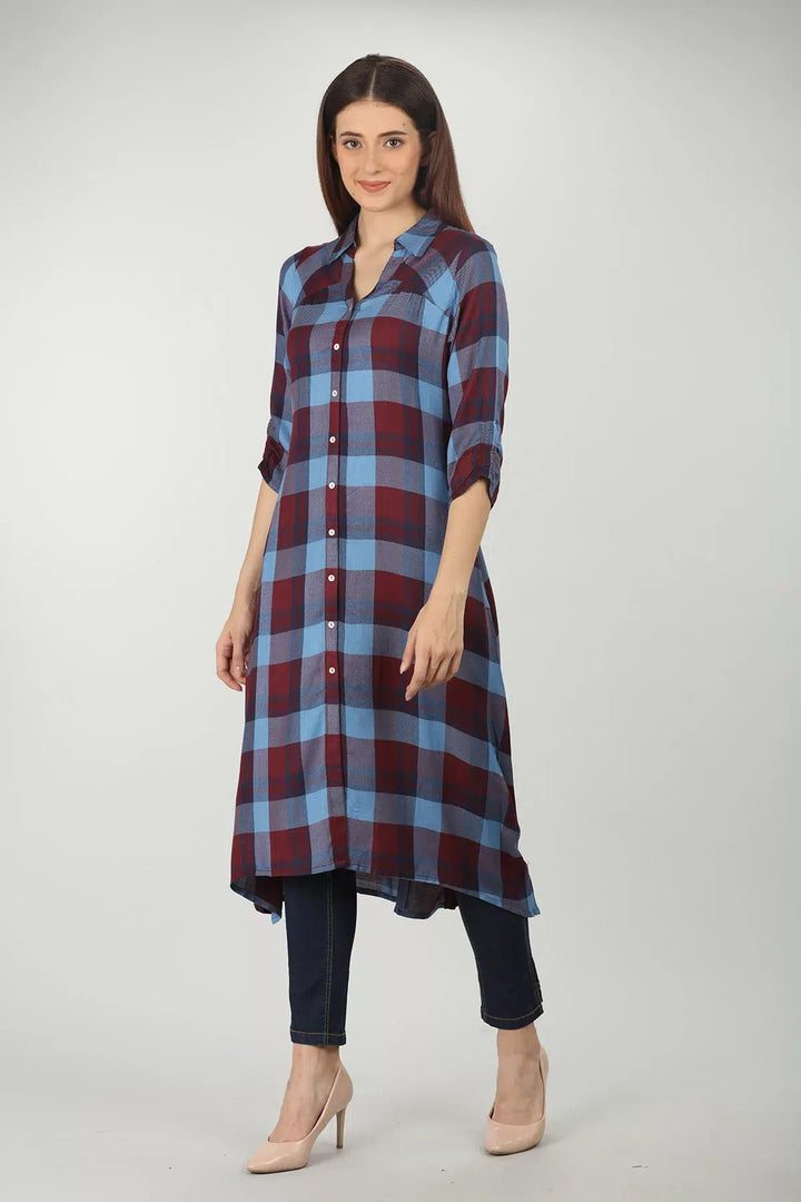 Blue check rayon straight cut kurti