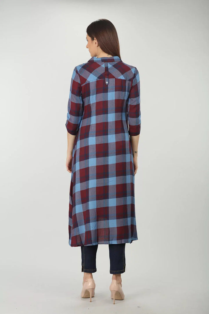 Blue check rayon straight cut kurti