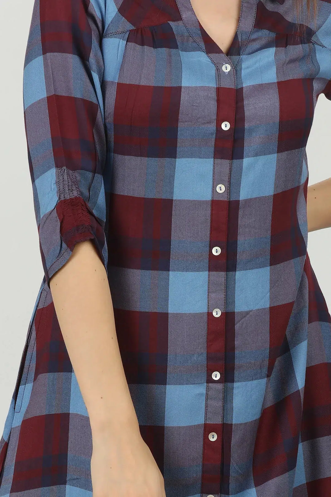 Blue check rayon straight cut kurti